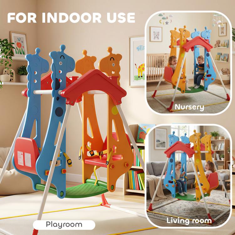 Kids double-seat indoor swing with red roof, blue and orange towers, suitable for playrooms