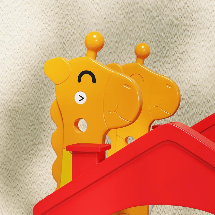 Yellow bear panel on kids indoor double-seat swing with red roof canopy and blue supports