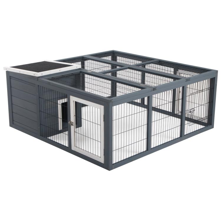 Gray wire rabbit enclosure with side panels, and white double front doors