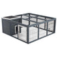 Gray metal rabbit hutch with wire mesh panels and hinged front door