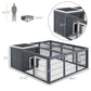 Gray rabbit hutch with front door and mesh walls; size diagram