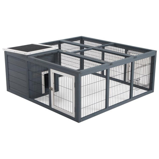 Gray wire rabbit hutch with two front doors and open mesh roof