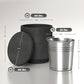 Outdoor cooler table showing round lid, ice bucket insert, and overall dimensions