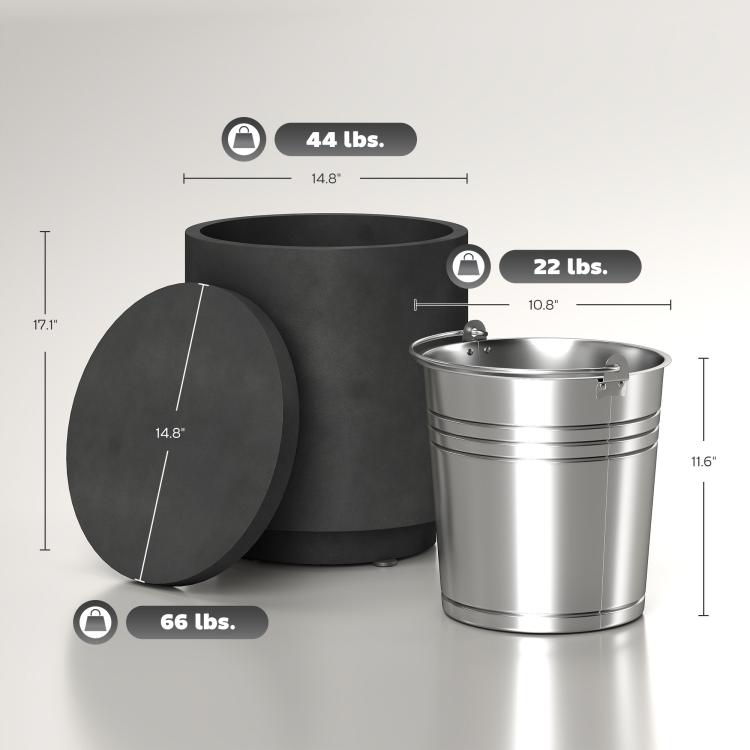 Outdoor cooler table showing round lid, ice bucket insert, and overall dimensions