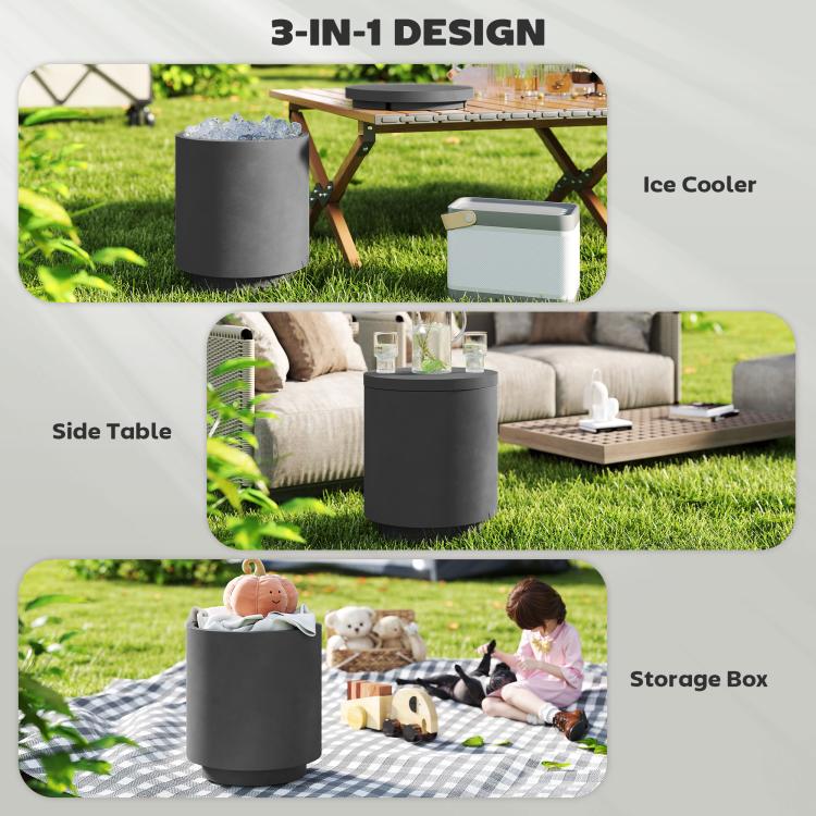 3-in-1 outdoor charcoal gray concrete cooler with side table, storage, and ice bucket