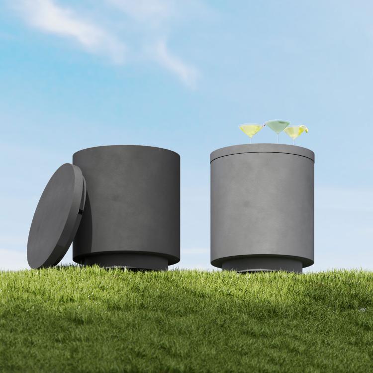 Charcoal gray outdoor cooler table shown with lid closed and open positions