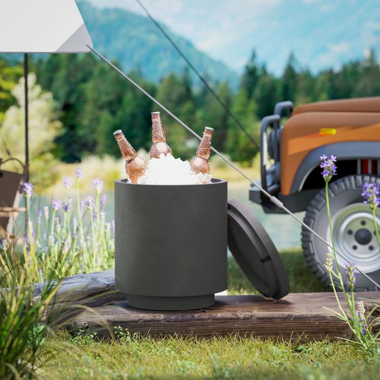 Charcoal gray outdoor concrete cooler side table with ice bucket on outdoor walkway
