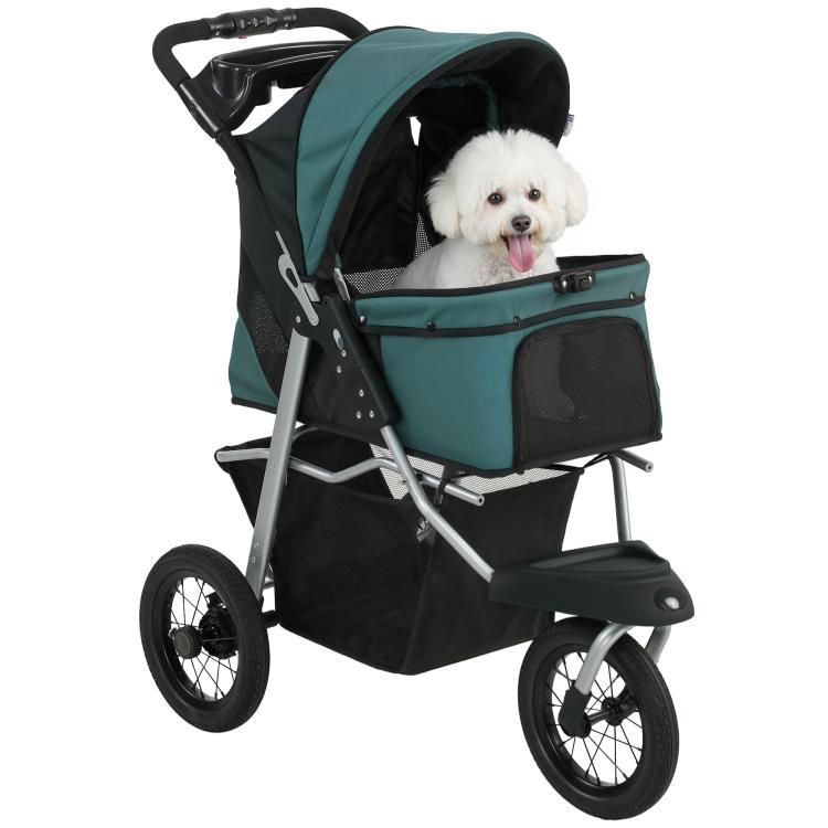 Foldable dark green dog stroller with front canopy and mesh storage basket