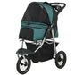 Dark green and black dog stroller with canopy, mesh sides, and zip front panel