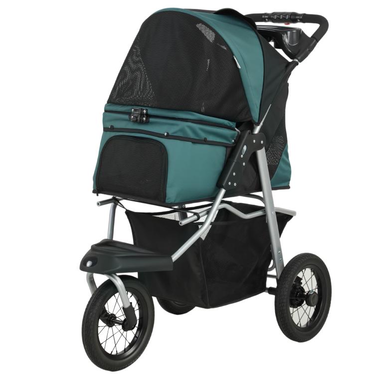 Dark green and black dog stroller with canopy, mesh sides, and zip front panel