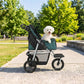 Foldable dog stroller in dark green and black with canopy and front mesh window