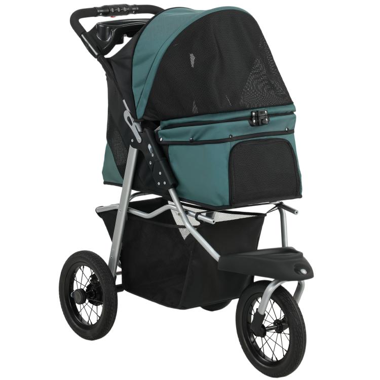 Foldable dog stroller, dark green and black, side view with wheels and storage pocket