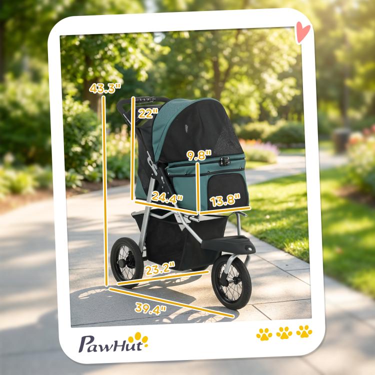 Folded measurement view of dark green dog stroller with black seat and wheels