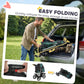 Easy-fold dark green dog stroller shown open in a car trunk