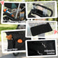 Dark green dog stroller accessories: cup holder, cushion, storage basket, and bags