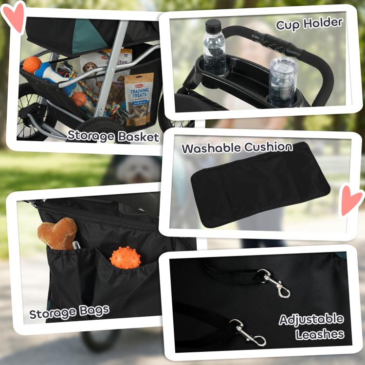 Dark green dog stroller accessories: cup holder, cushion, storage basket, and bags