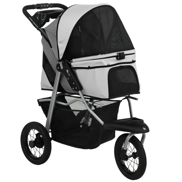 Light gray and black dog stroller with mesh basket, front canopy, 4 rubber wheels