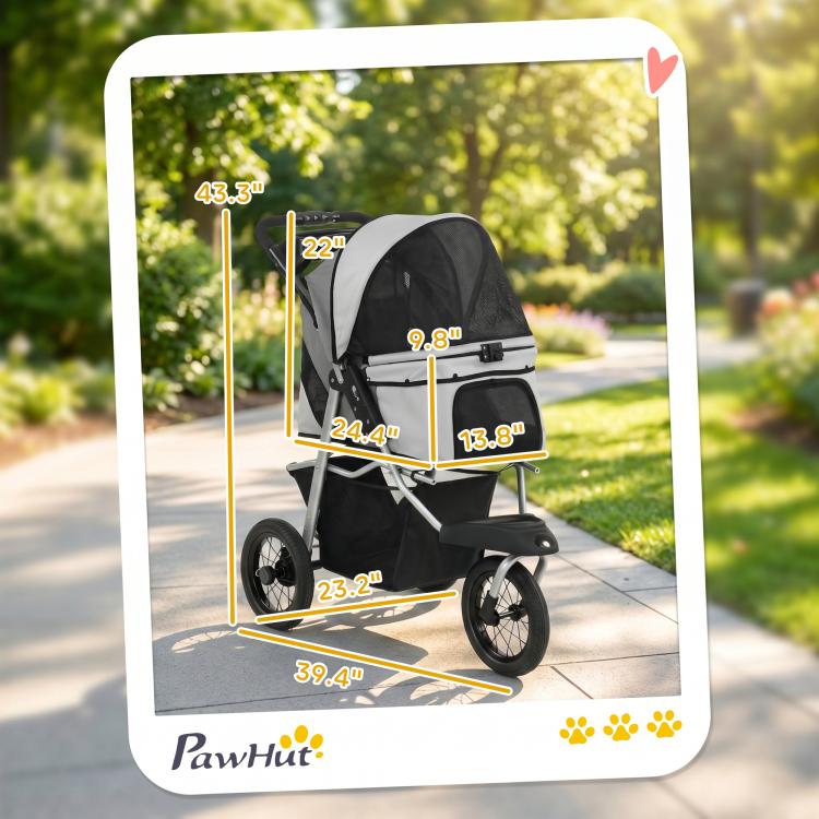 Black and gray foldable dog stroller with canopy and large wheel set