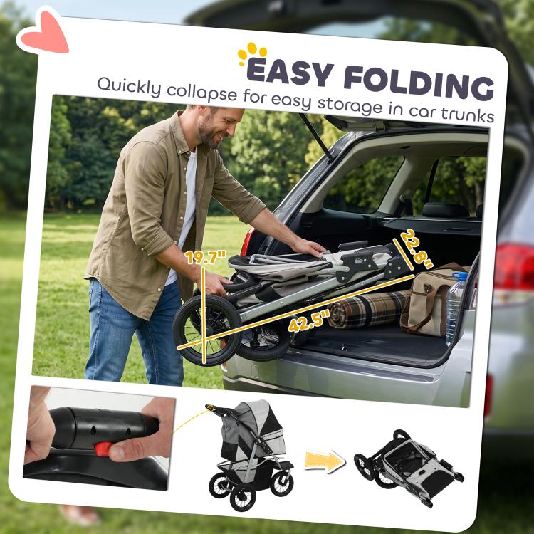 Foldable dog stroller shown collapsed for compact car-trunk storage