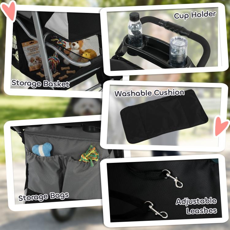Dog stroller with cup holder, washable cushion, storage basket, and leash attachments