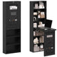 Black foldable wall-mount writing table with front cabinet shelves and open desk panel