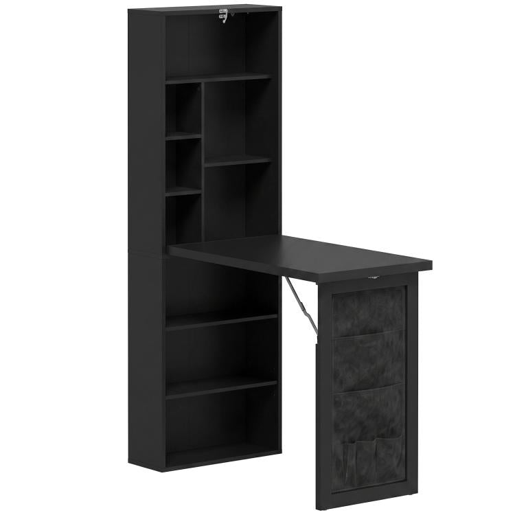 Black fold-down writing table with built-in shelves and fabric storage pouch