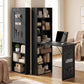 Black foldable writing table with open shelves and desk surface, shown in room setting