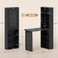 Black foldable writing table with storage shelves, shown with size and layout diagram