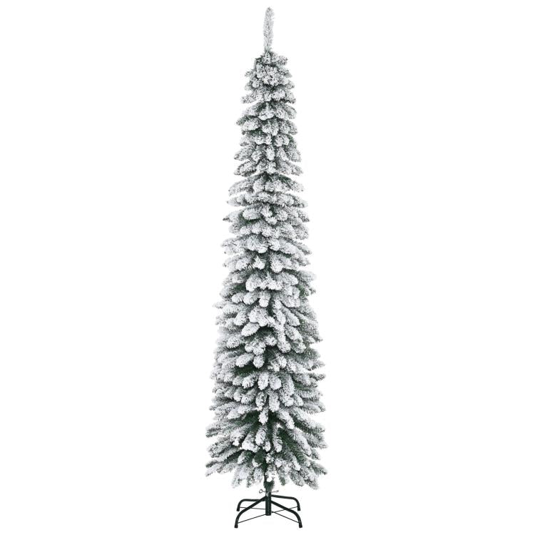 Snow-frosted slim pencil artificial Christmas tree on black folding stand