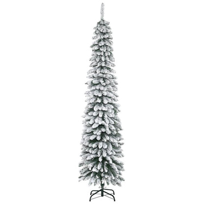 Snow-frosted slim pencil artificial Christmas tree on black folding stand