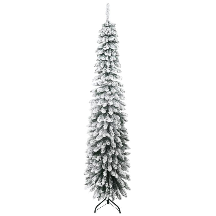 Snow-frosted slim pencil artificial Christmas tree on black folding stand, side view