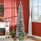 Snow-frosted slim pencil artificial Christmas tree with dense branches and black stand