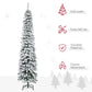 Snow-frosted slim pencil artificial Christmas tree with green tips on black folding stand