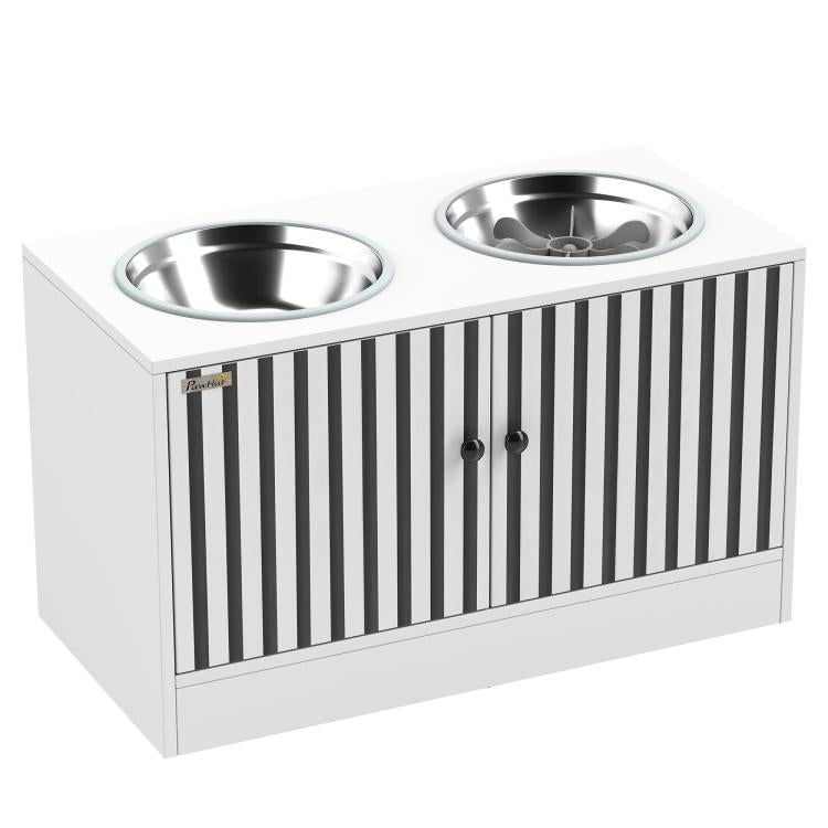 White storage cabinet dog bowl set with two stainless bowls, vertical striped panel