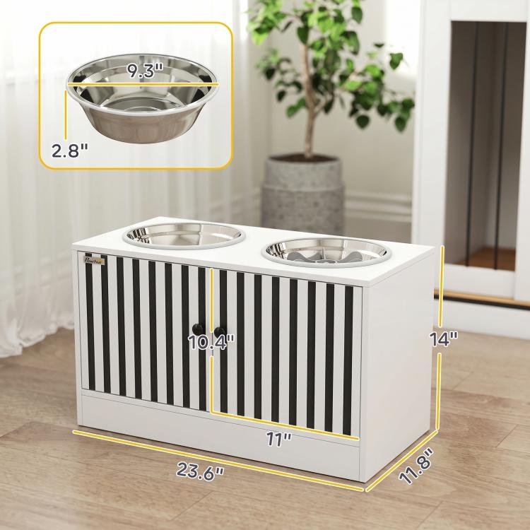 White dog feeding cabinet with two stainless steel bowls and black vertical slat doors