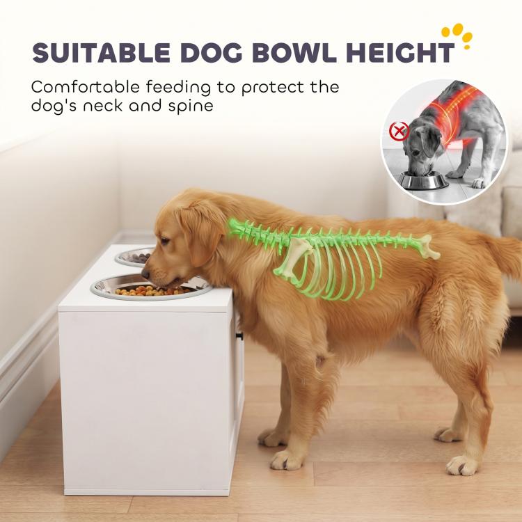 Golden retriever eating from left stainless bowl on a white elevated dog feeding station