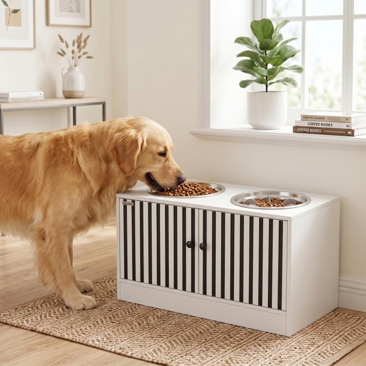 Golden retriever eating from an elevated white dog feeding station with two stainless bowls