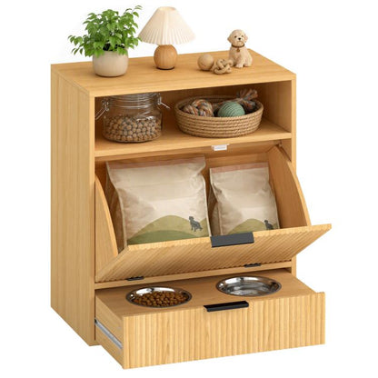 Wood dog feeding station with two raised bowls and open storage cabinet
