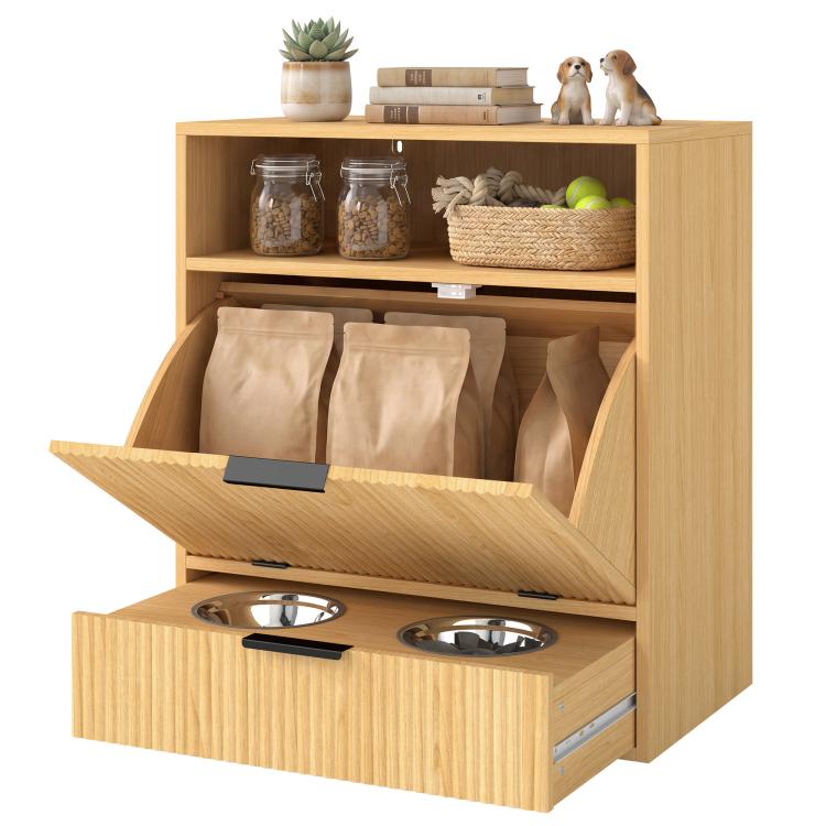 Wood dog feeding station with elevated bowls and front tilt-out storage