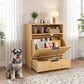 Wood dog feeding station with two raised bowls and open cubby storage