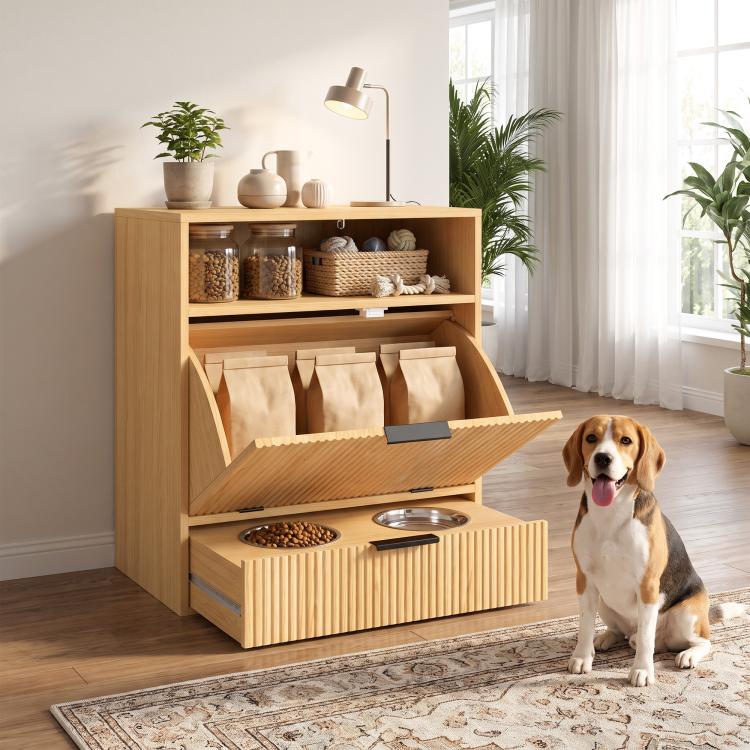 Wood dog feeding station with open feed drawer and two metal bowls