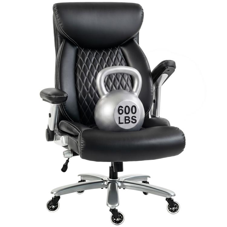 Black ergonomic office chair with headrest, quilted backrest, and flip-up arms