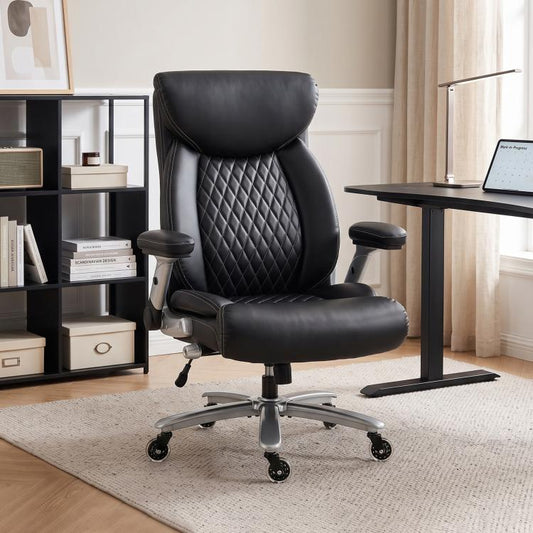 Black ergonomic office chair with headrest, quilted backrest, and rolling caster base