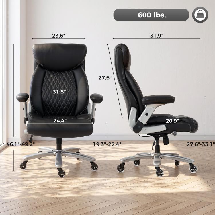 Black ergonomic office chair with headrest and quilted backrest, front and side views