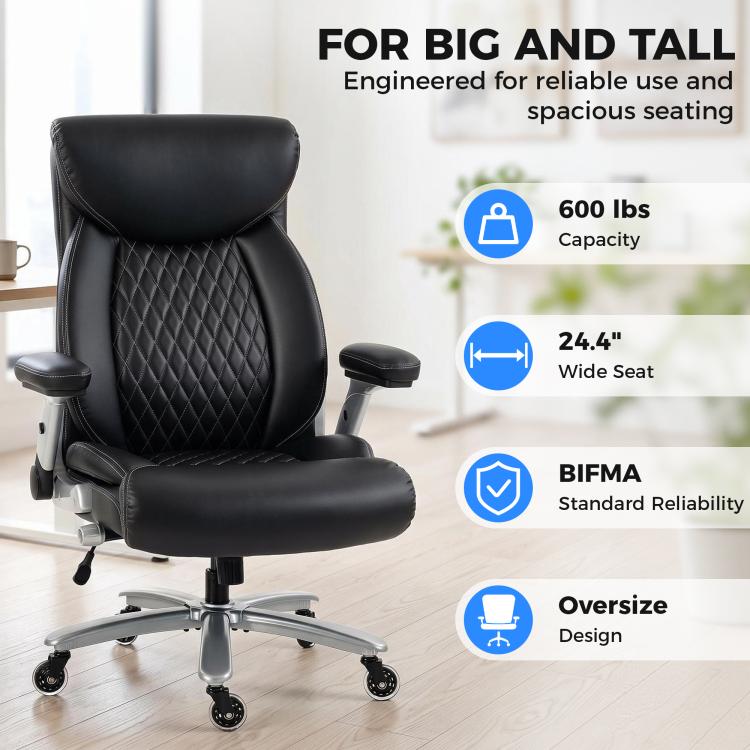 Black ergonomic office chair with headrest, quilted backrest, and rolling caster base