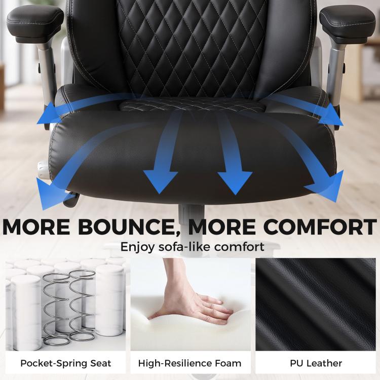 Black office chair seat with contoured padding and supportive backrest