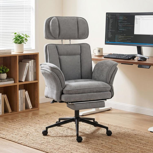 Gray upholstered office chair with headrest, flip armrests, reclining tilt on caster wheels