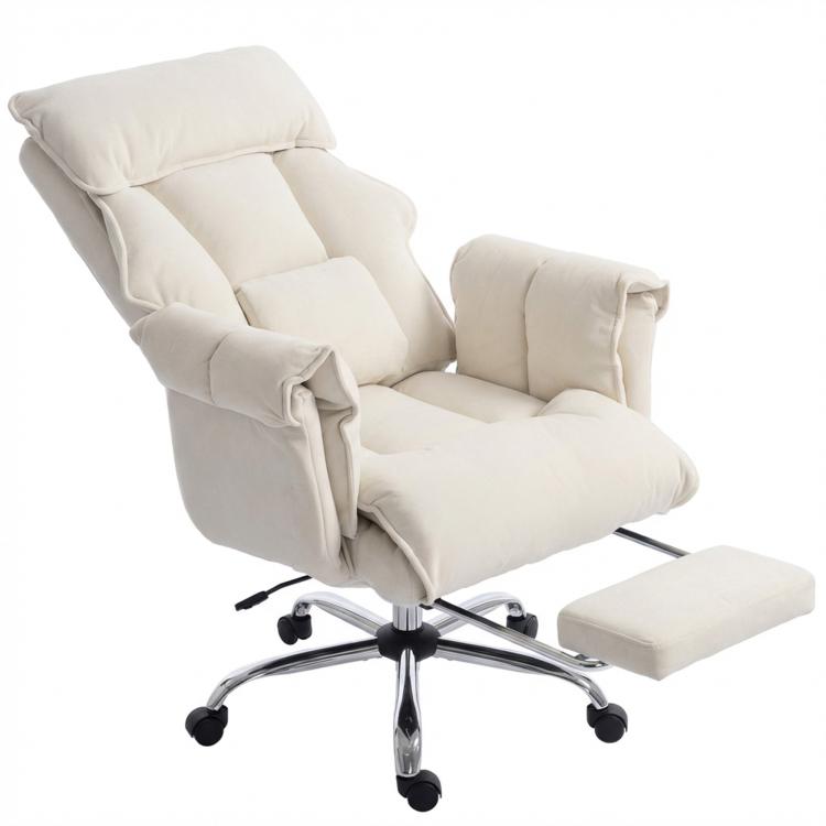 Cream white reclining office chair with footrest, headrest, and swivel base