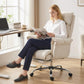 Cream white reclining office chair with headrest, padded armrests, caster base, footrest