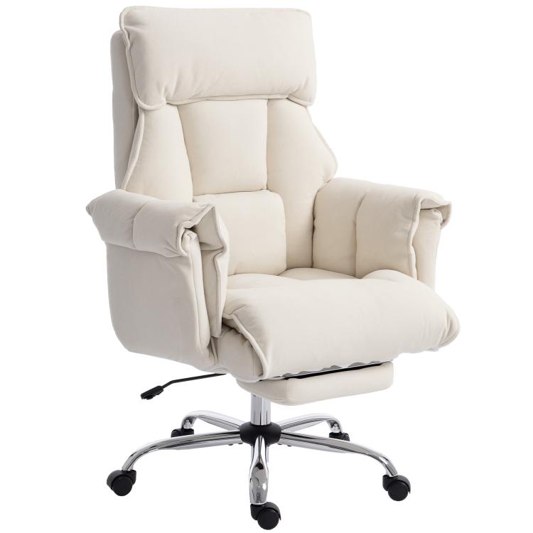 Cream white high-back recliner chair with headrest, padded seat, swivel caster base